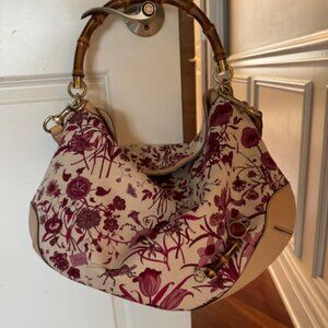 Used Gucci Bamboo Flora Handbag Shoulder Bag 169961 White Beige Pink Canvas Leat